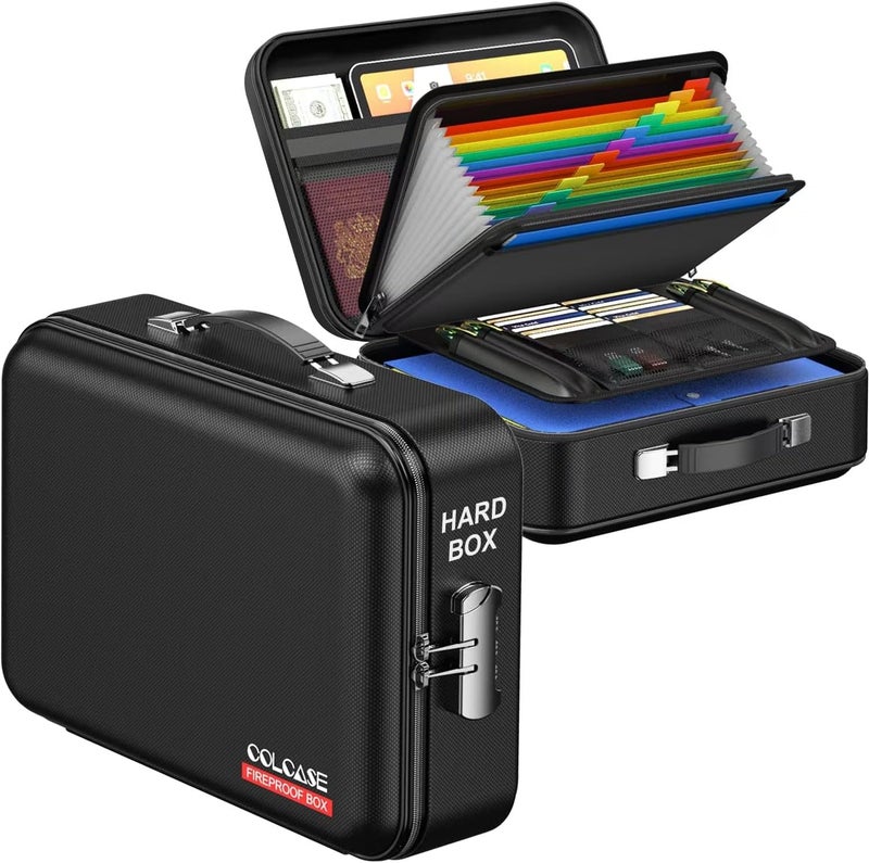 COLCASE صندوق مستندات مقاوم للحريق، صندوق صلب مقاوم للحريق مع قفل تصميم صلب مقاوم للحريق وماء صندوق آمن منظم للملفات للمستندات المهمة والشهادات والكمبيوتر المحمول وجوازات السفر باللون الأسود - Image 1